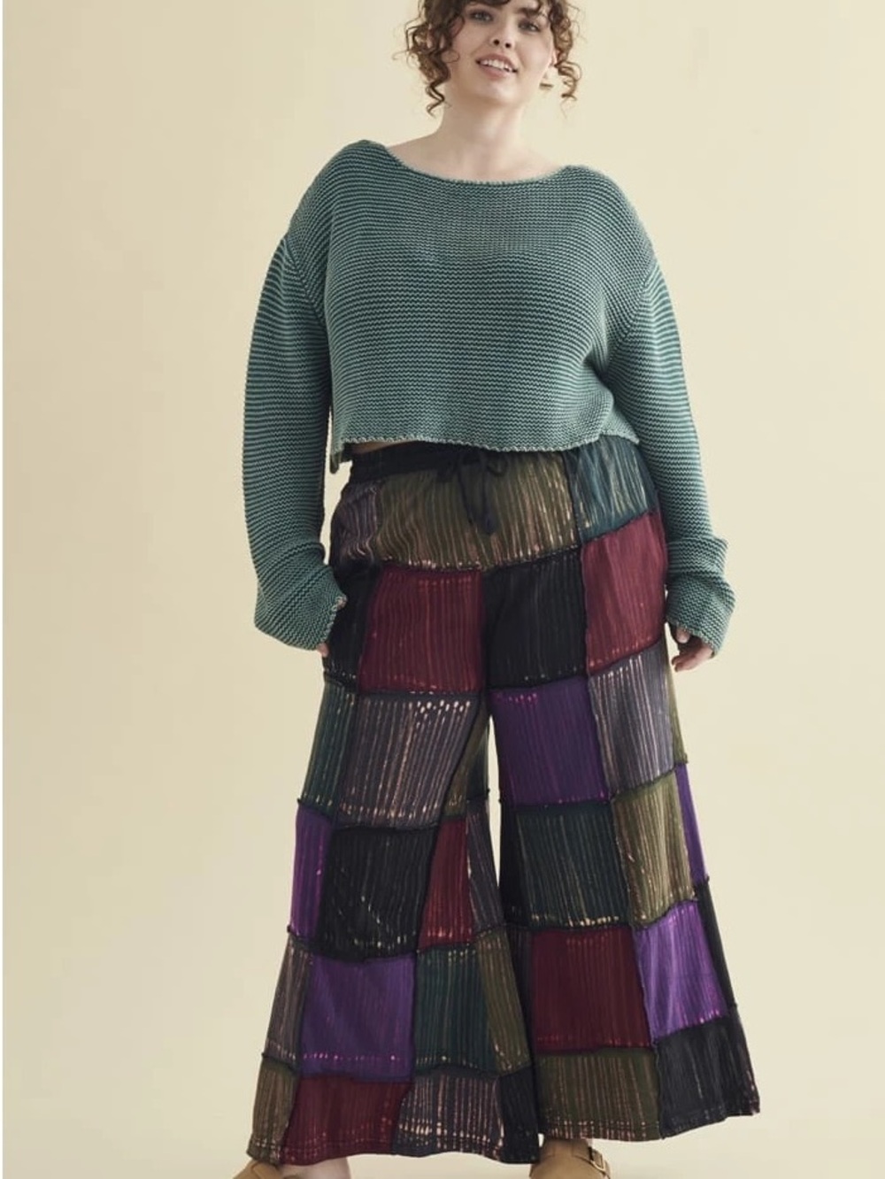 Patchwork Wide-Leg Pleated Pants in Multicolor